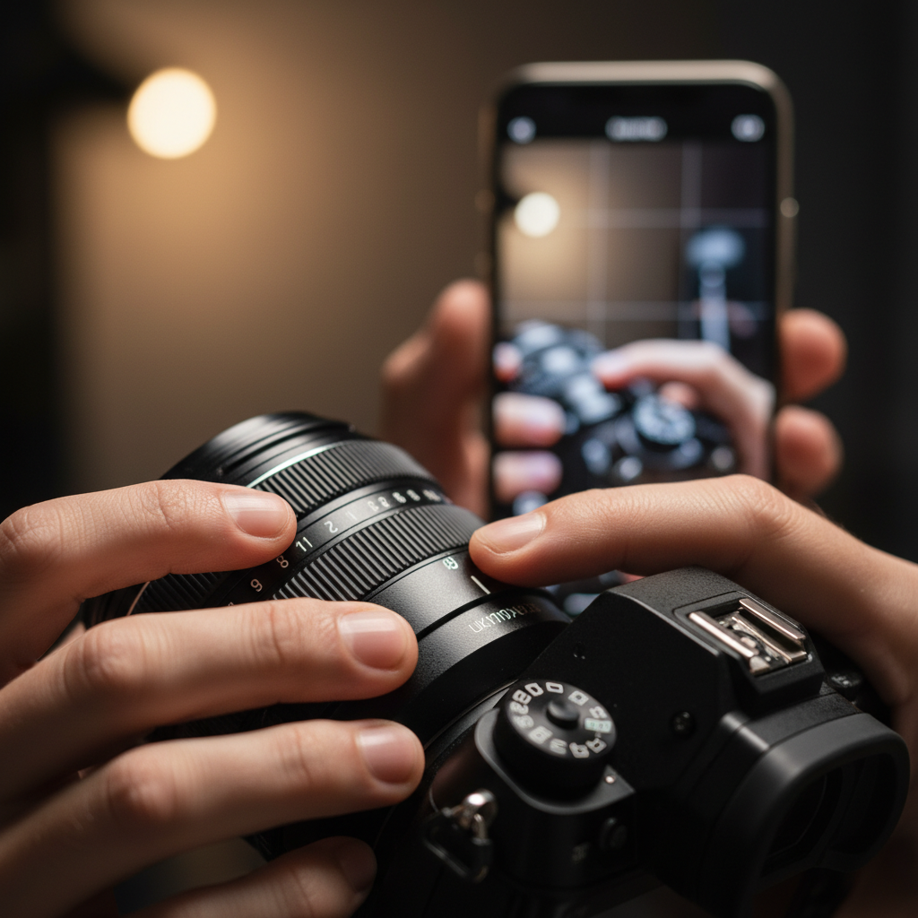 Close-up of camera controls showing aperture and mode with a smartphone recording vertical video, illustrating photography and social media workflow