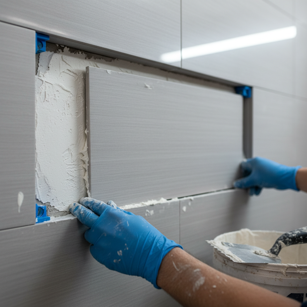 Bathroom Renovation Company Guide: Small Fixes for Space and Comfort 1 Detail shot of large-format shower tile installation with spacers and mortar during a professional bathroom renovation in the GTA, emphasizing quality waterproofing and craftsmanship