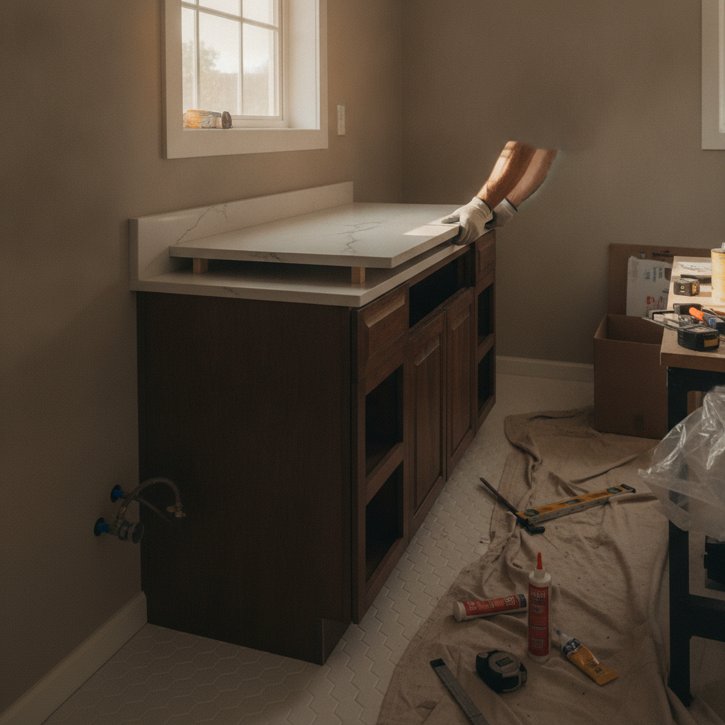 Bathroom Renovation Company Guide: Small Fixes for Space and Comfort 2 Contractor setting a quartz vanity top onto custom bathroom cabinetry during a GTA renovation, demonstrating factory-direct fabrication and precise installation