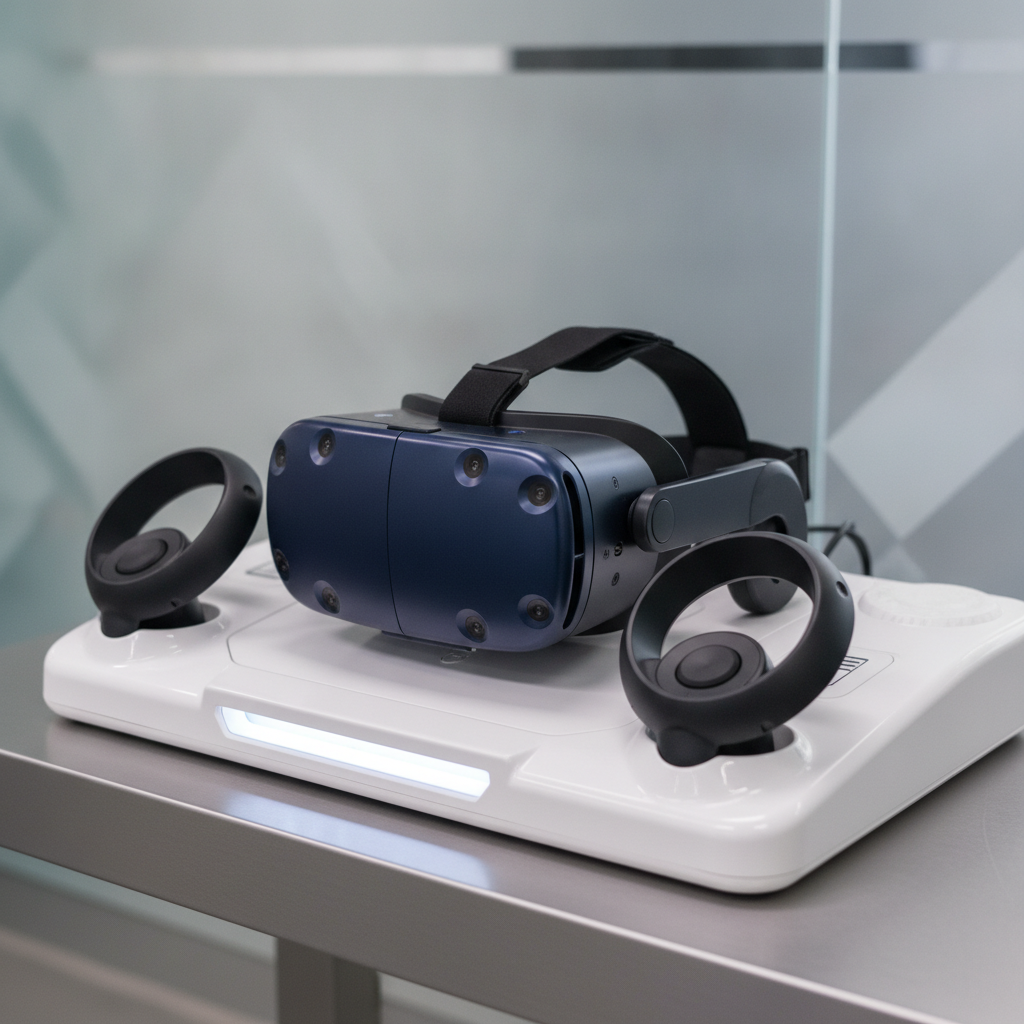 Close-up of HTC Vive Pro headset and motion controllers used at a virtual reality video game arcade in London, Ontario
