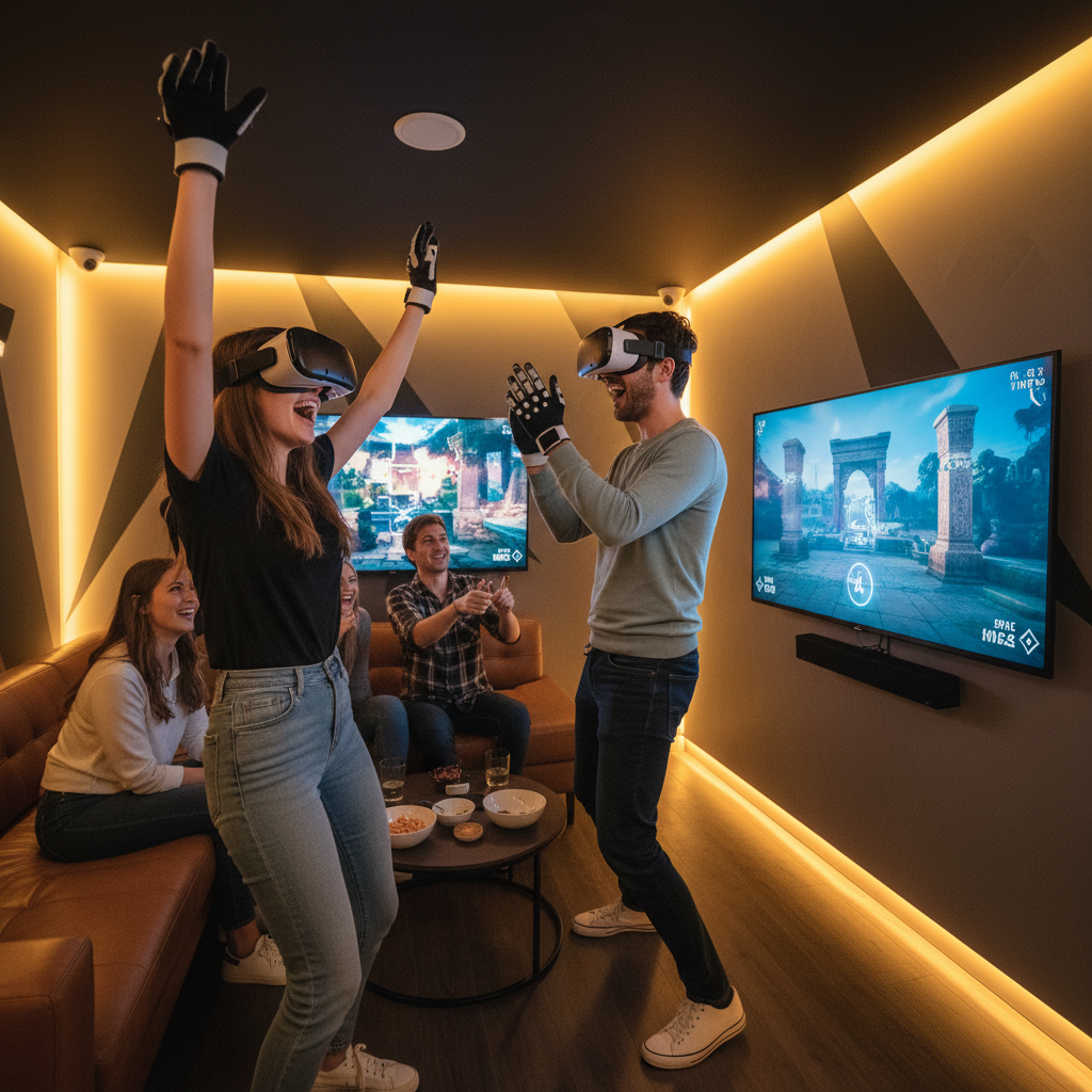 Friends collaborating in a VR escape room at a virtual reality video game arcade with large TVs for spectators