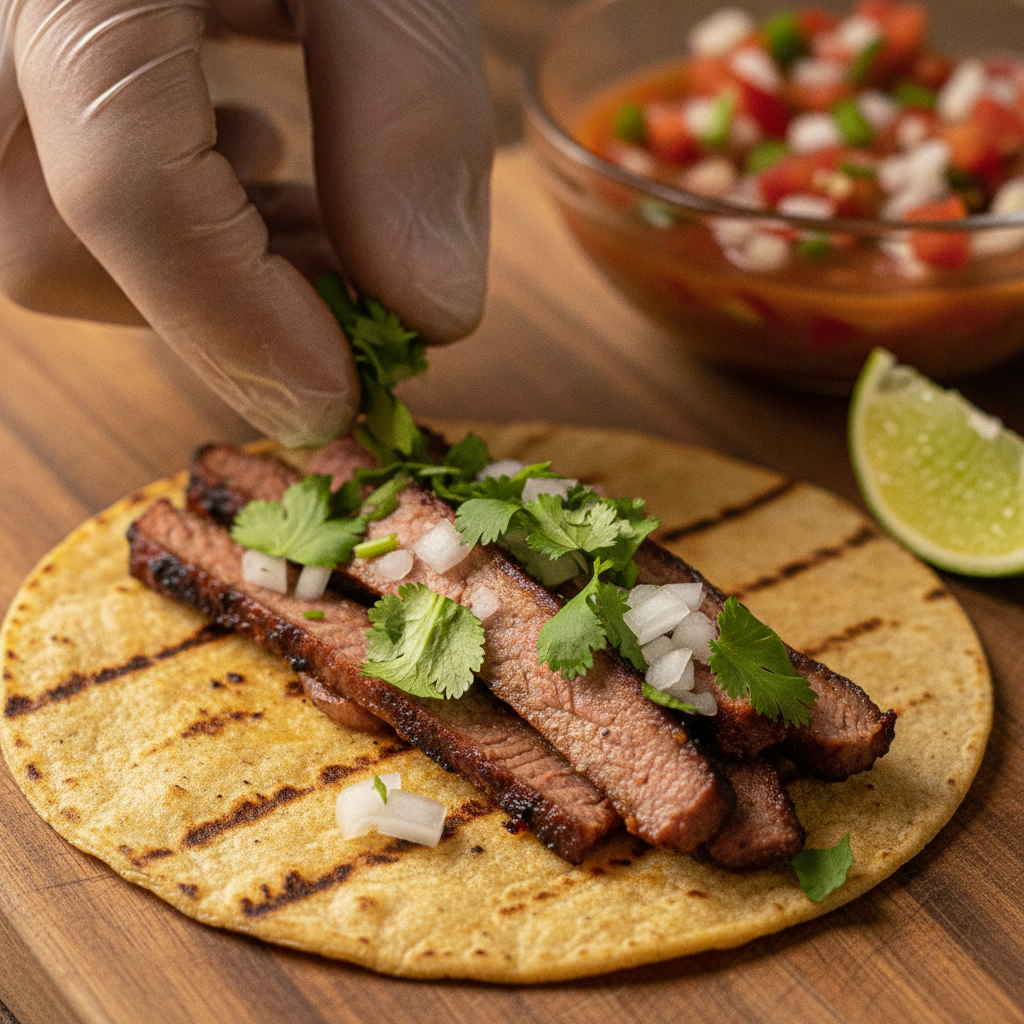 Close-up of a grilled taco being assembled with cilantro, onions, and lime — Toronto Mexican grill catering for families