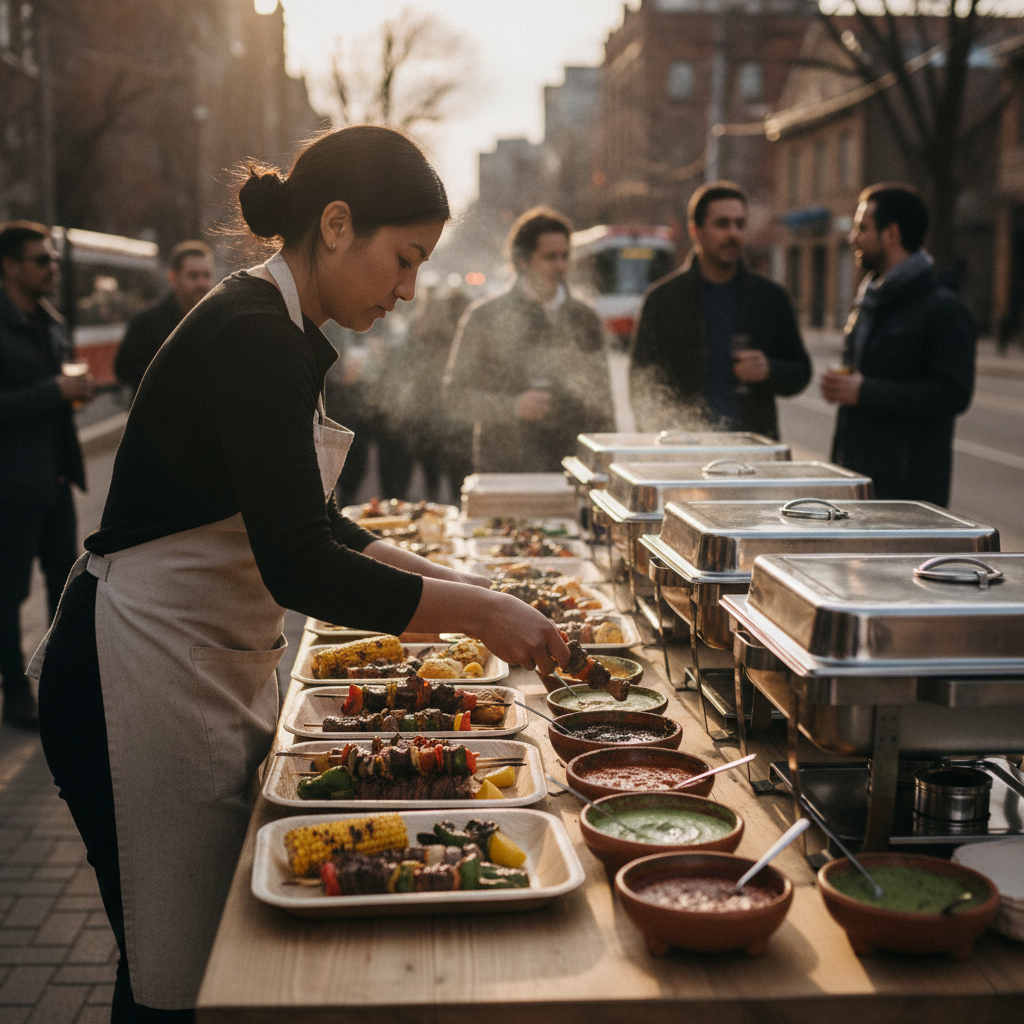 Caterer setting up Mexican grill platters for a family event in Toronto — easy buffet flow and clear labels