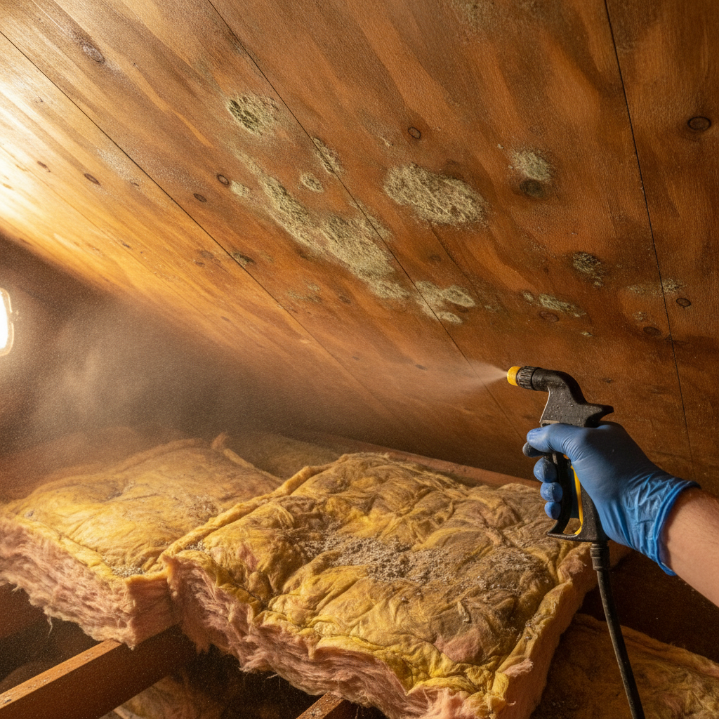 Attic mold remediation in Ontario with antimicrobial treatment on plywood sheathing and partial insulation removal