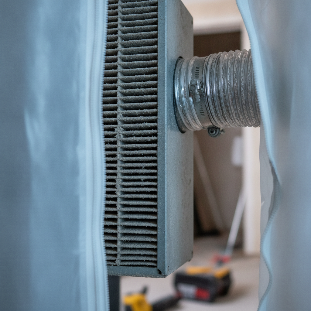 HEPA air scrubber and negative air containment doorway used for mold remediation in Ontario homes