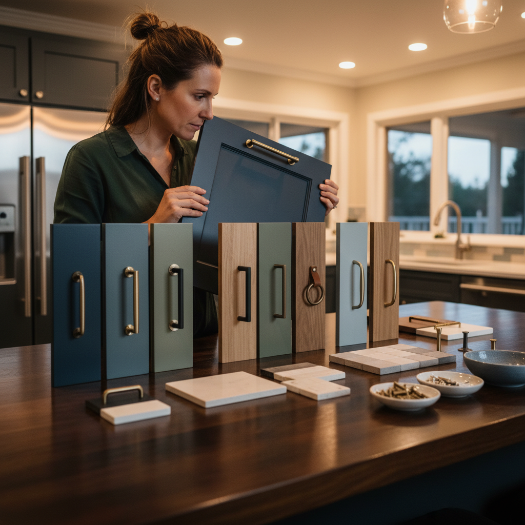 Homeowner comparing sample cabinet doors and hardware finishes on a kitchen island during refacing planning