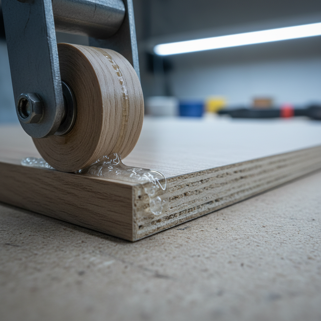 Close-up of edge banding applied during cabinet refacing showing adhesive and wood grain detail