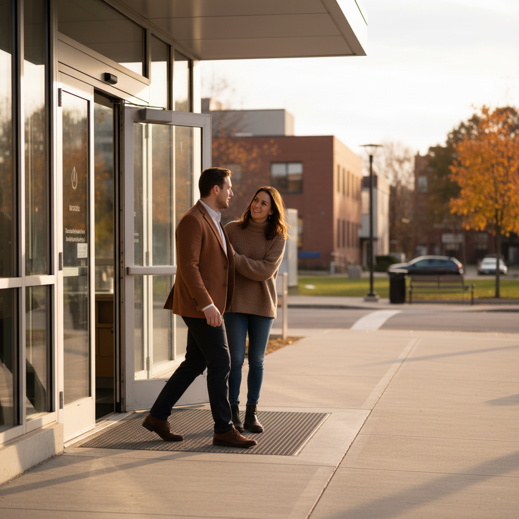 Adult patient leaving a clinic with a supportive friend after a Sublocade appointment, symbolizing monthly simplicity