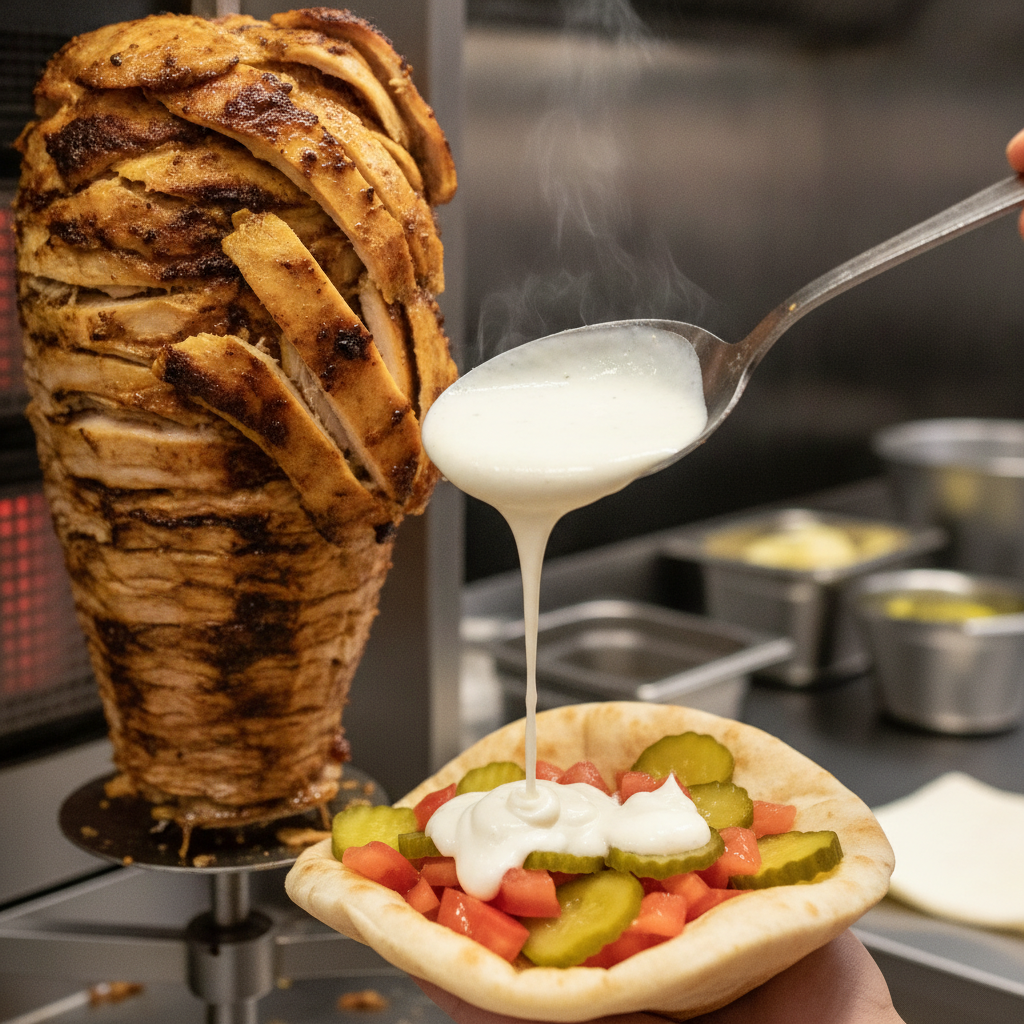 Close-up of chicken shawarma being carved and assembled for Friday dinner delivery