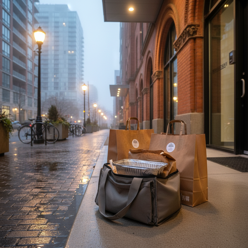 Shawarma delivery arriving for Friday dinner in Old Toronto at dusk