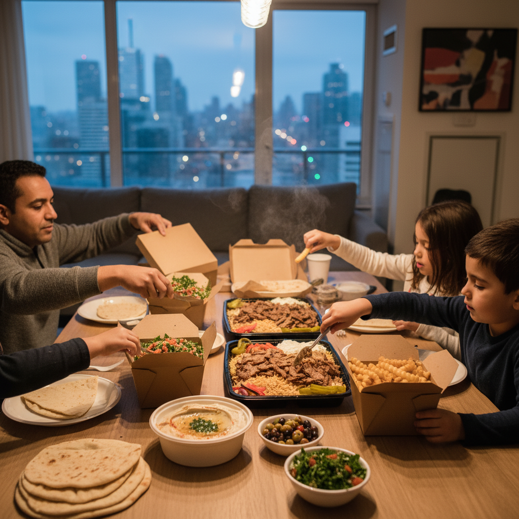 Family unpacking shawarma platters at home for a Friday dinner spread
