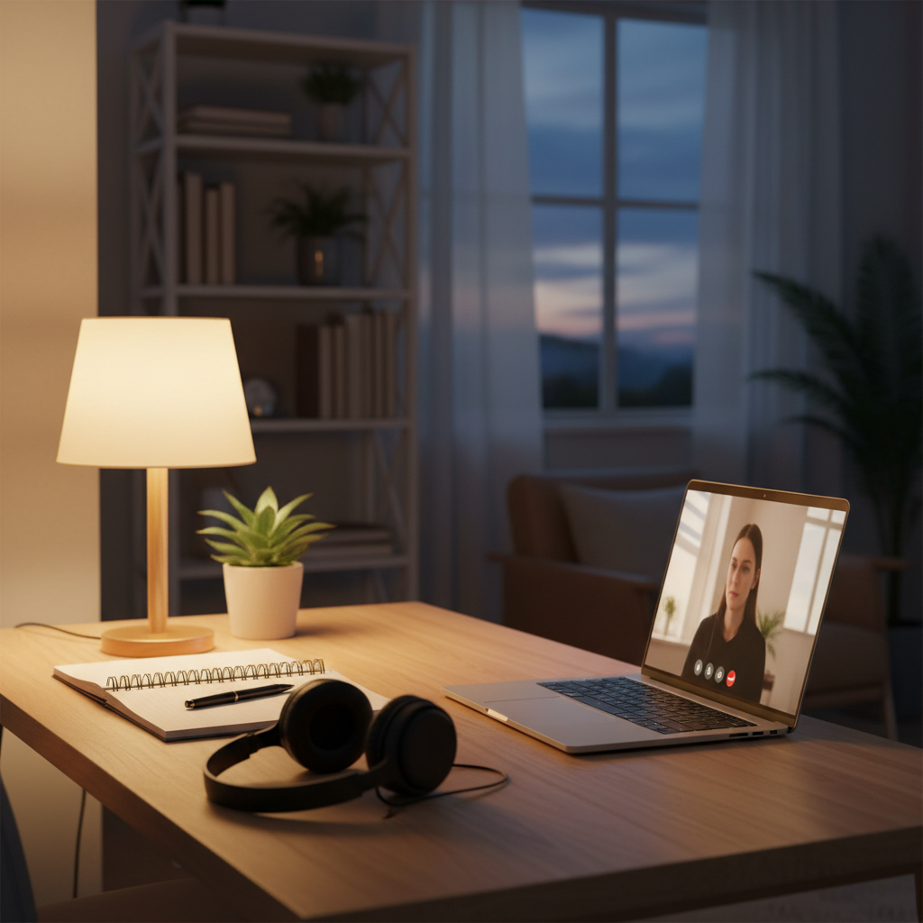 Evening virtual PMP class setup in a Toronto home office showing focused study environment for weekend cohort learners