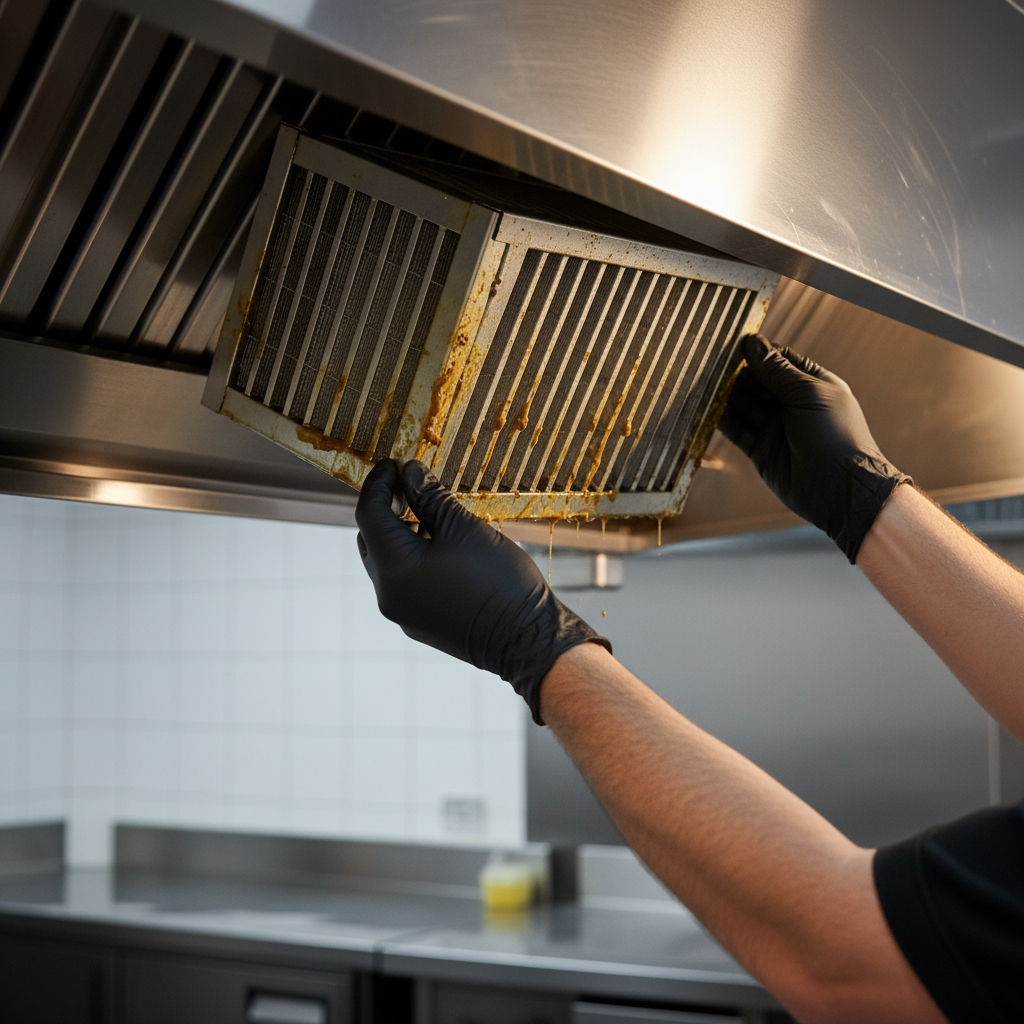 Technician removing a greasy baffle filter from a commercial vent hood during maintenance in Ontario