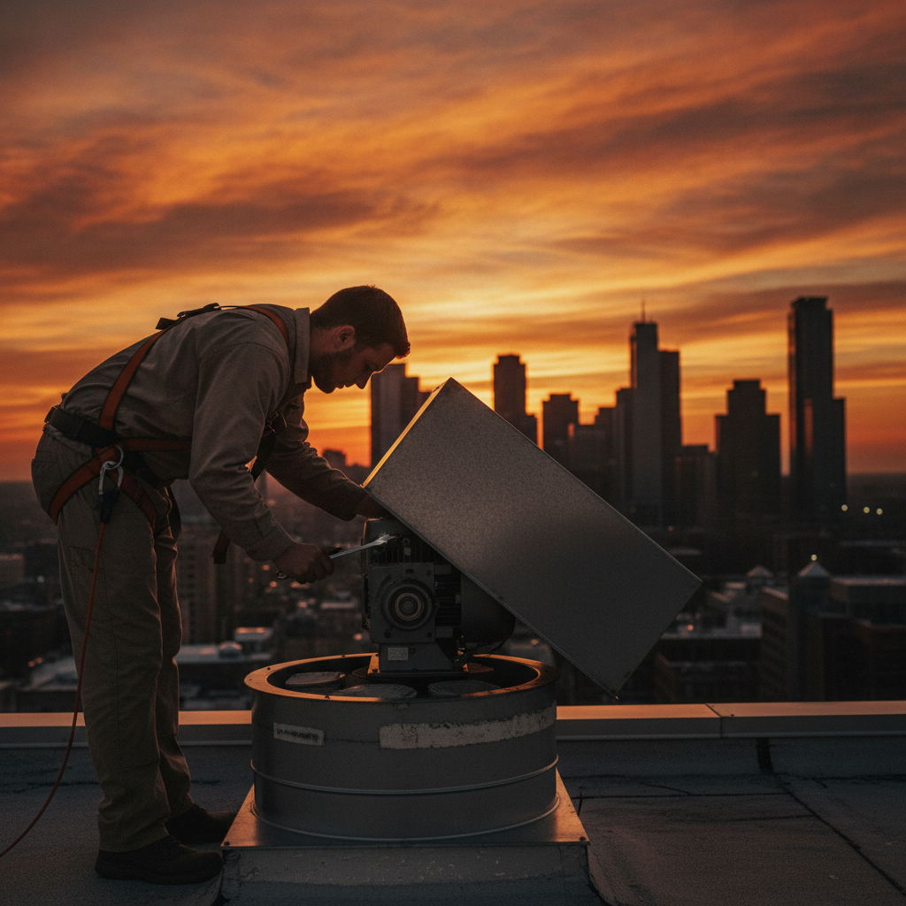 Rooftop exhaust fan inspection with hinge kit and grease containment at sunset in Ontario