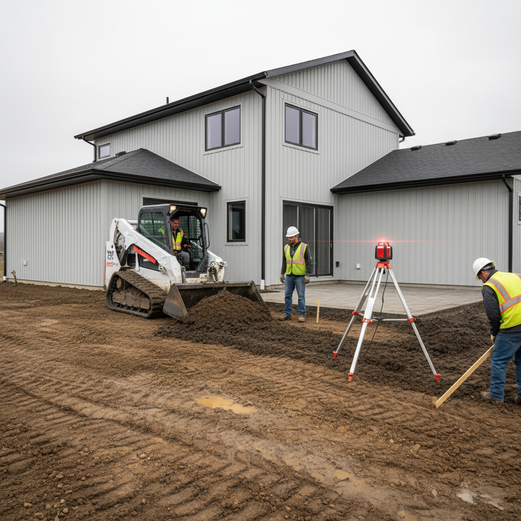 Landscape grading crew using a laser level and skid-steer to set 2% slope before patio and retaining wall installation in a GTA backyard