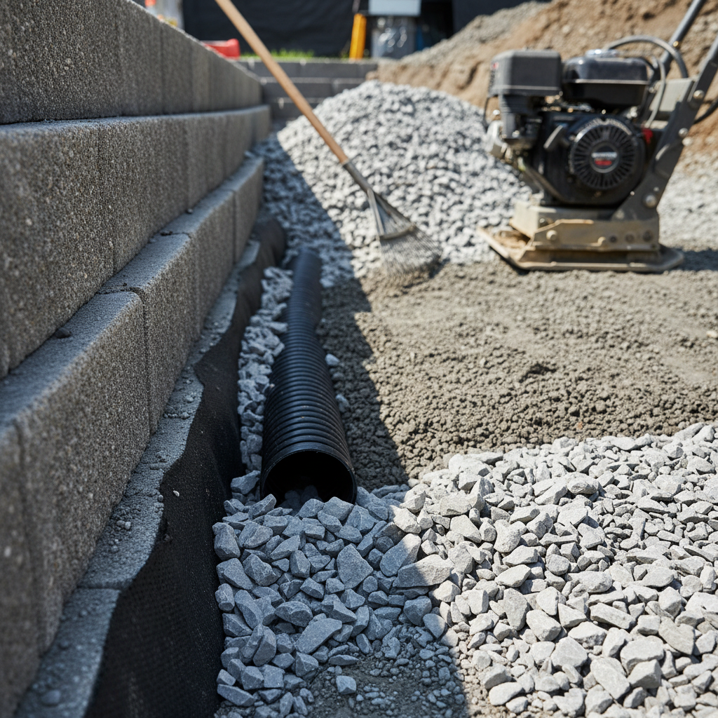 Close-up of retaining wall drainage: compacted gravel base, perforated drain pipe, geotextile, and #57 stone for a Mississauga wall build