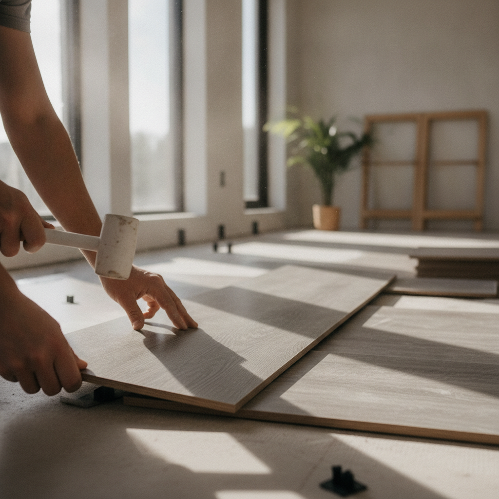 SPC flooring installation detail during villa renovation in Dubai with click-lock edges aligned