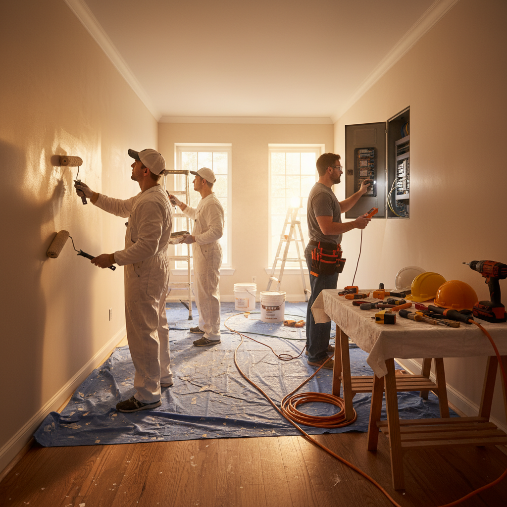 Interior villa renovation scene in Dubai with painters and electrician coordinating safely