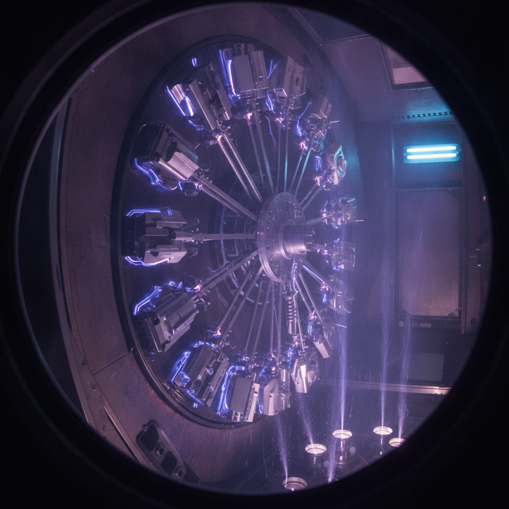 Inside a vacuum deposition chamber with rotating carousel and purple plasma during DLC coating, illustrating PVD/PACVD method selection