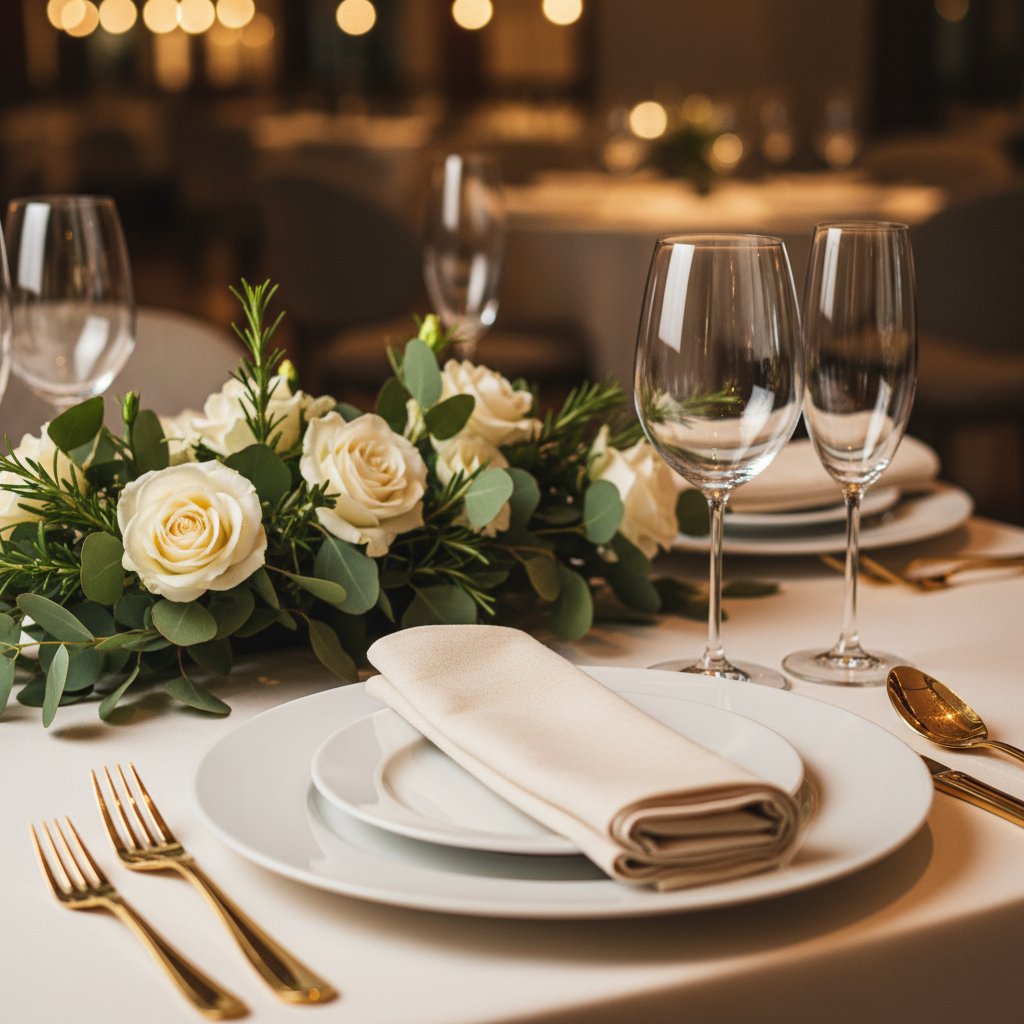 Refined private dining venue tablescape at Mississauga Convention Centre with crystal stemware, gold flatware, and low floral centerpiece