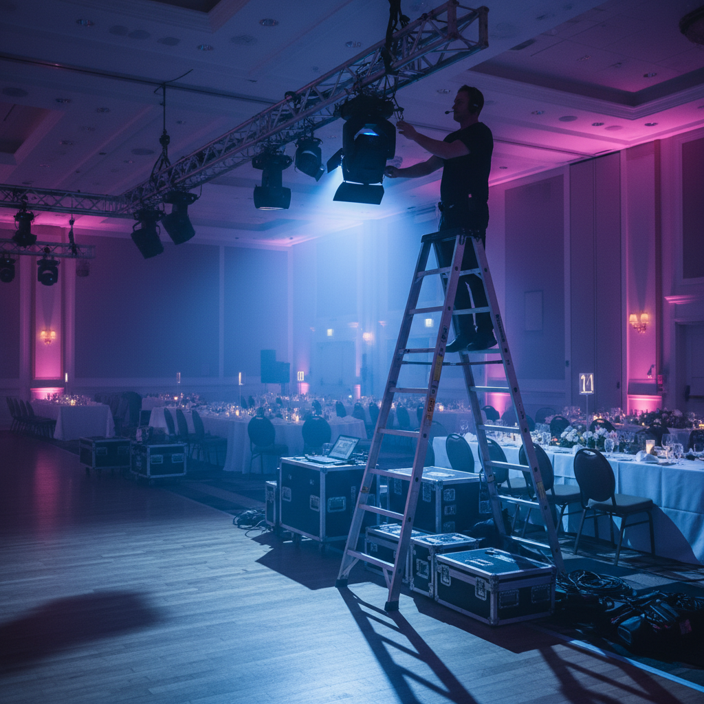 AV lighting technician adjusting stage lighting for a private dining event at Mississauga Convention Centre