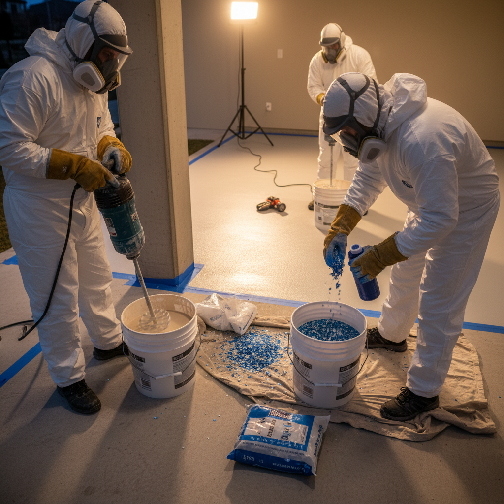Technicians mixing two-part epoxy resin with pigment and vinyl flakes for a Milton garage epoxy installation