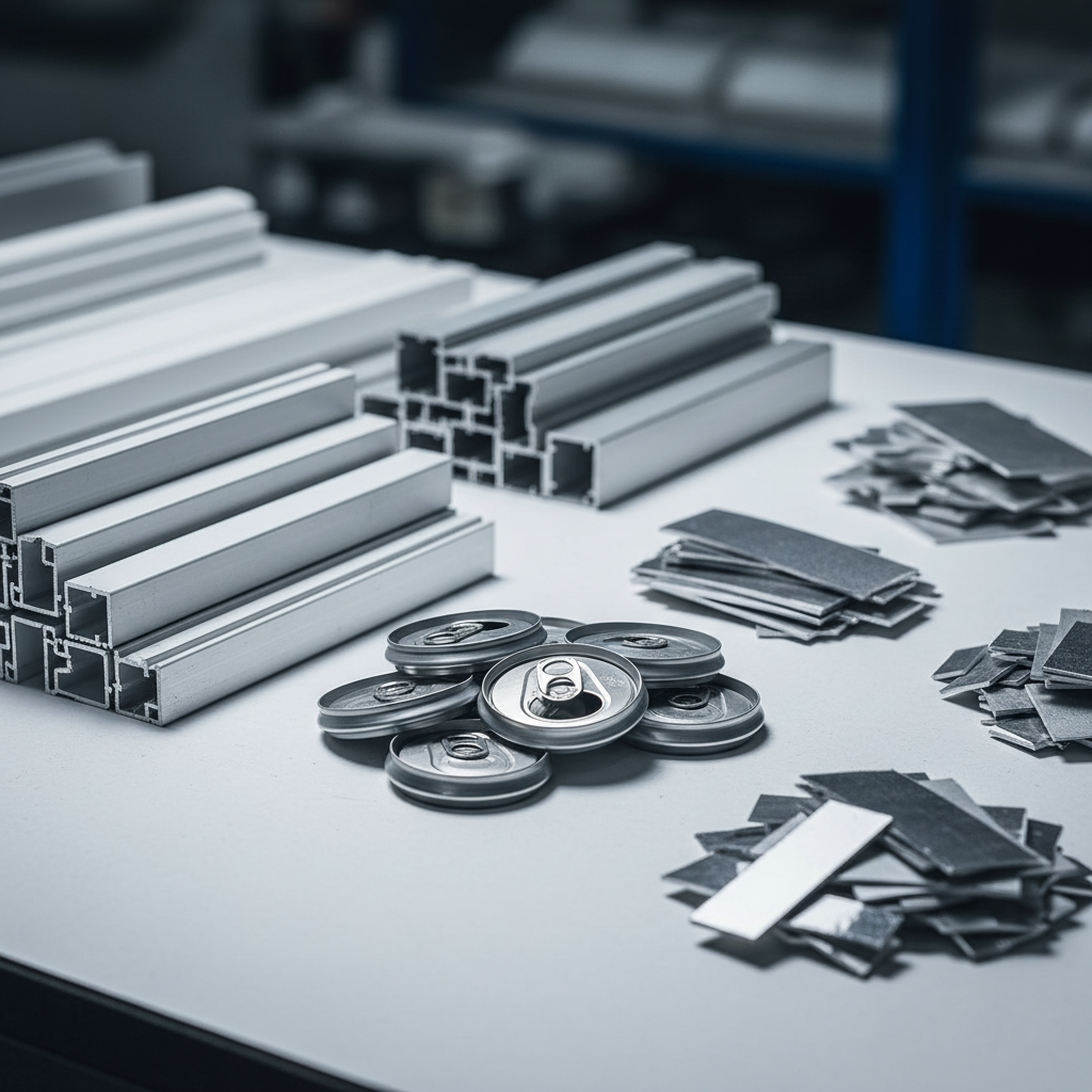Close-up of sorted aluminum extrusions, cans, and sheet offcuts prepared for aluminum disposal and recycling in Etobicoke/Toronto