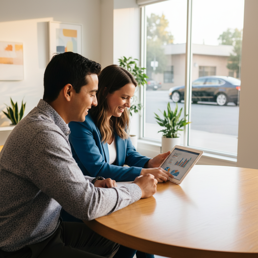 Insurance consultation scene in modern office, discussing Ontario car insurance quotes with broker