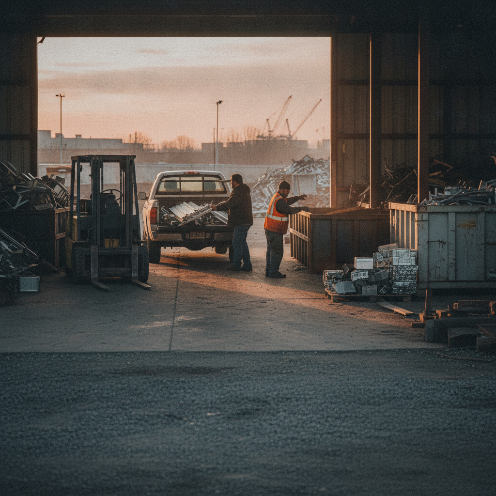 Customer unloading aluminum siding and a ladder at an Etobicoke scrap yard bay with a high-visibility staff member guiding the drop-off