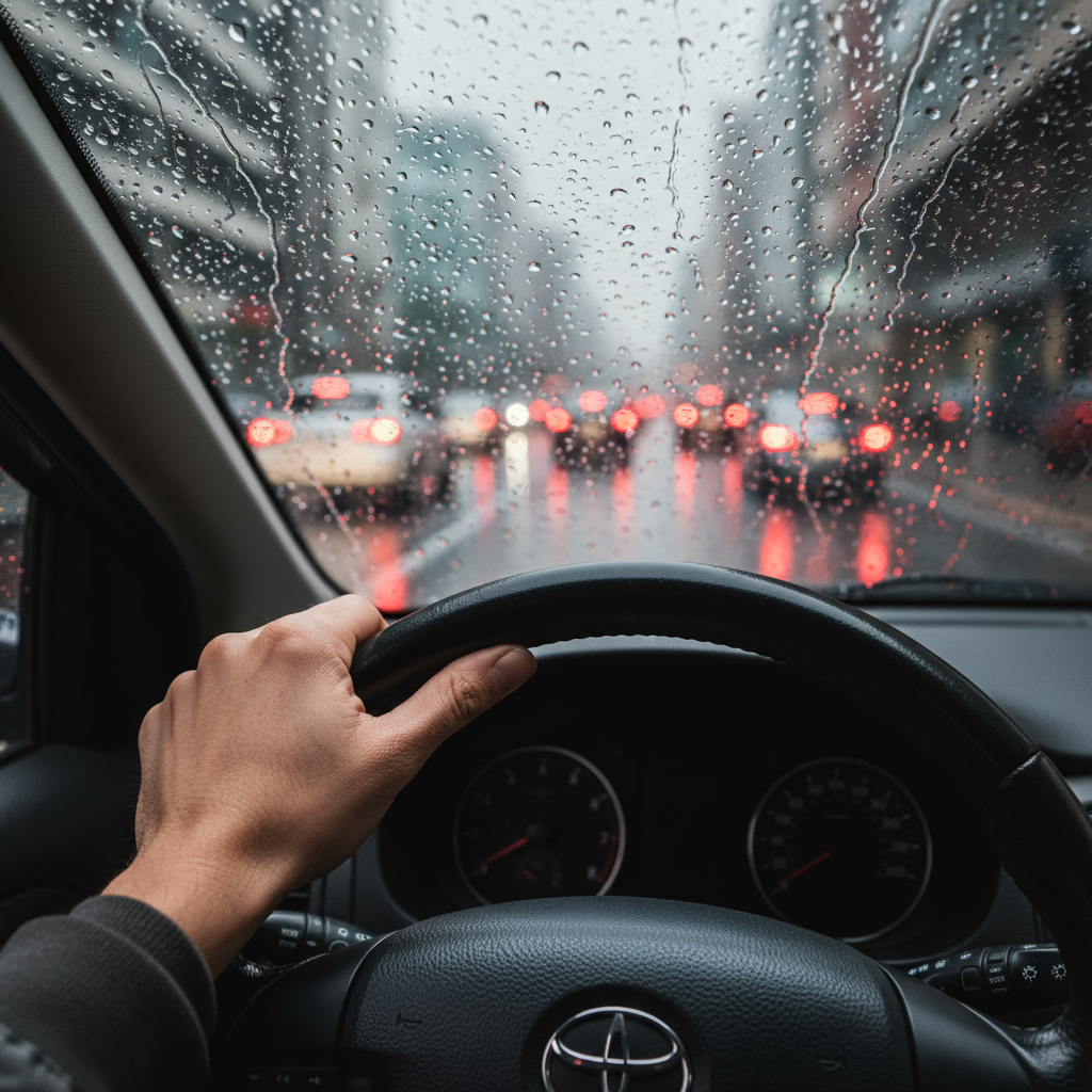 Close-up of Ontario driver hands on steering wheel with rain, illustrating car insurance focus in Ontario