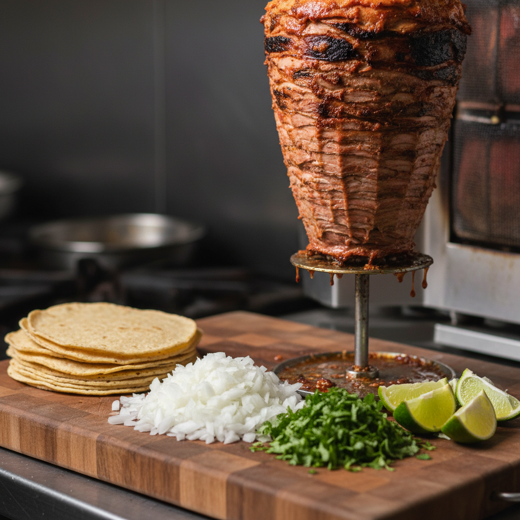 Close-up of taco al pastor ingredients for Mexican catering: marinated meat, cilantro, onion, lime, and warm tortillas