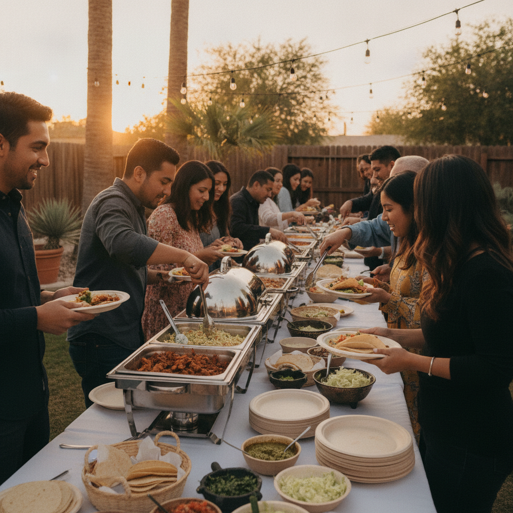 Backyard family gathering serving Mexican catering from chafing dishes under string lights
