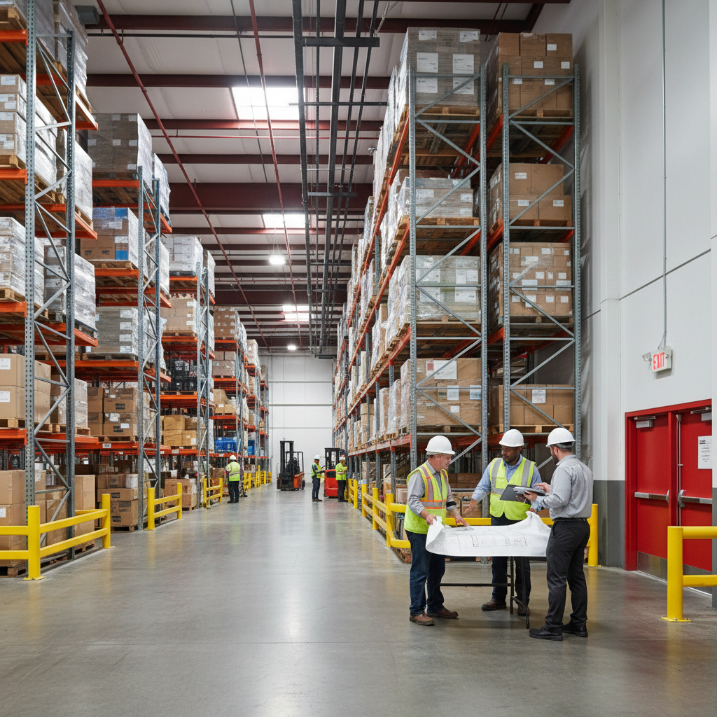 American warehouse scene showing coordinated fire protection signage, visible sprinklers, and an emergency egress path review