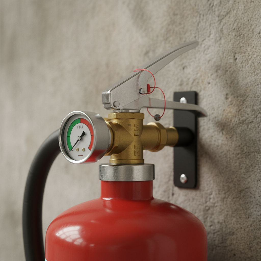 Close-up of industrial ABC extinguisher hardware with durable, ANSI-aligned fire protection signage context