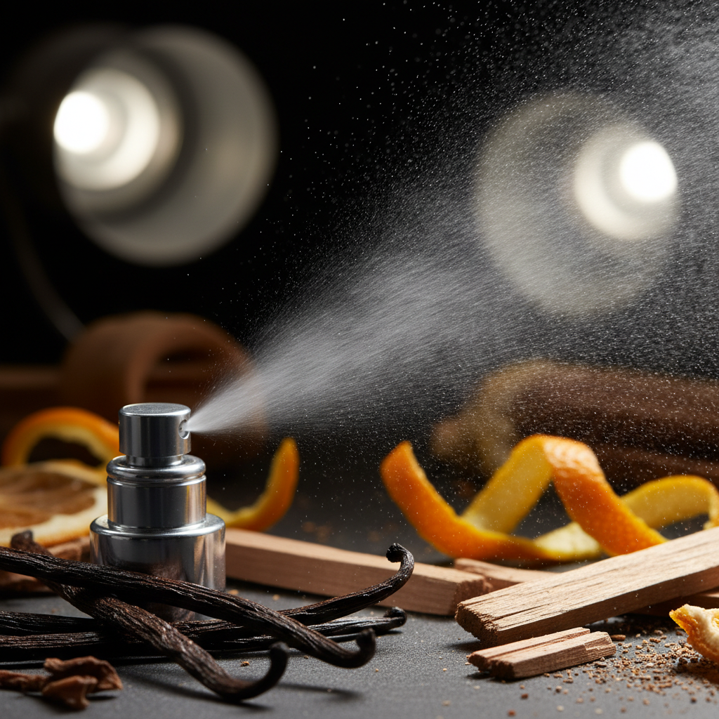 Close-up of luxury perfume atomizer mist over vanilla, sandalwood, and citrus ingredients, illustrating a luxury perfume collection’s rich, long-lasting notes