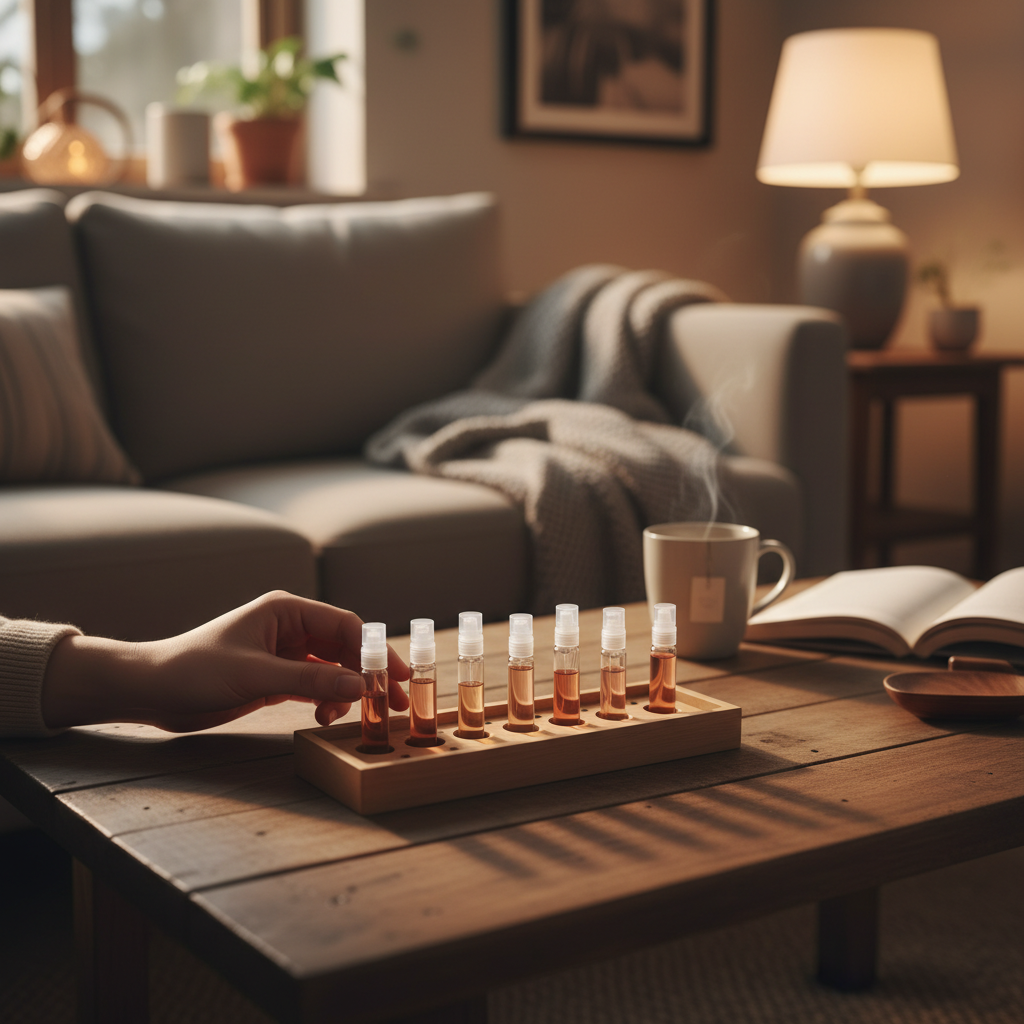 Hands selecting a vial from a discovery perfume sample set, illustrating how to build a luxury perfume collection with testing