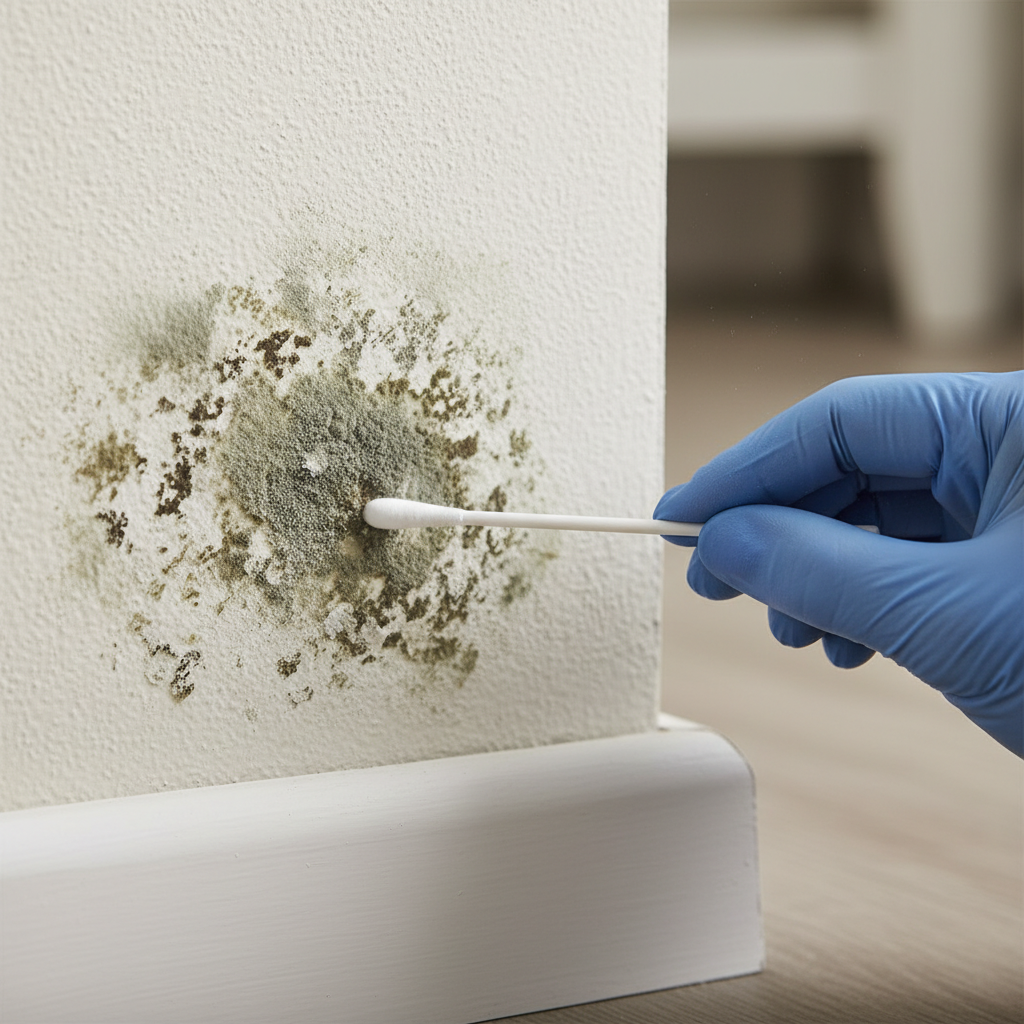 Close-up mould detection surface sampling on drywall with sterile swab for mold inspection and testing