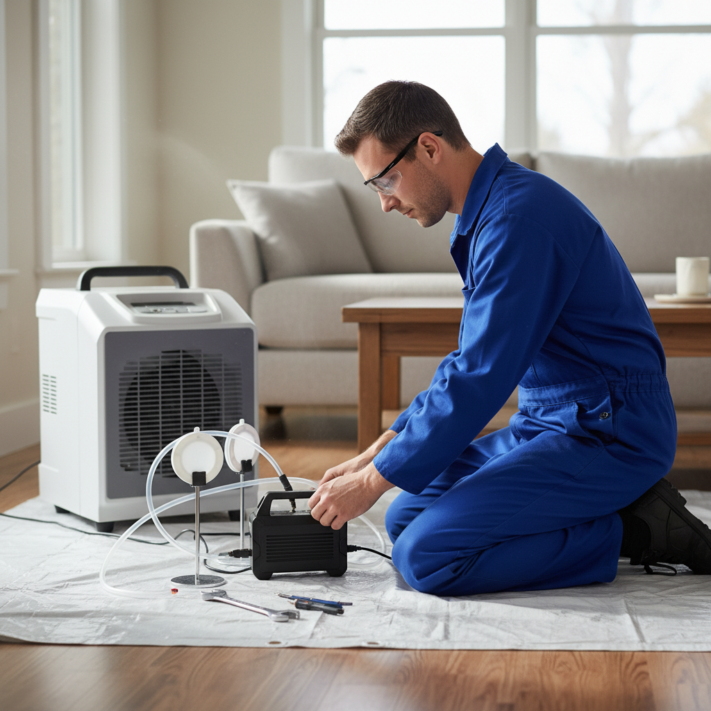 Technician setting up air sampling pump for mold inspection and air quality testing in living room