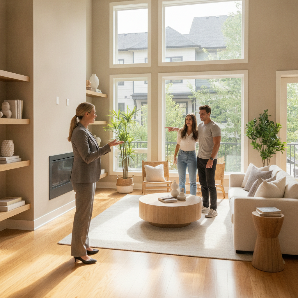 Realtor guiding home buyers through a bright living room in a Cambridge townhouse during a residential property tour