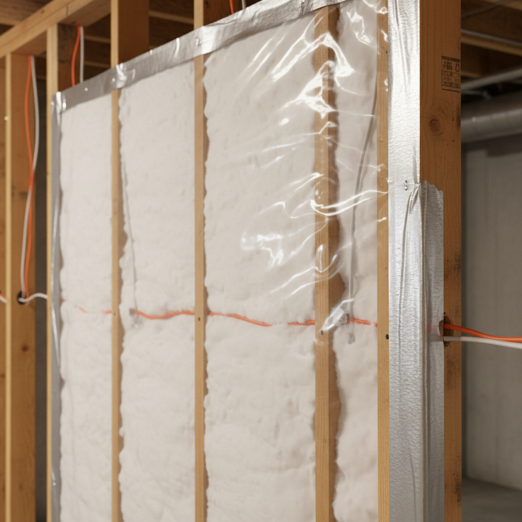 Detail of basement renovation insulation and vapor barrier installed by basement renovations contractors in Ontario, showing clean poly, mineral wool, and rough-in
