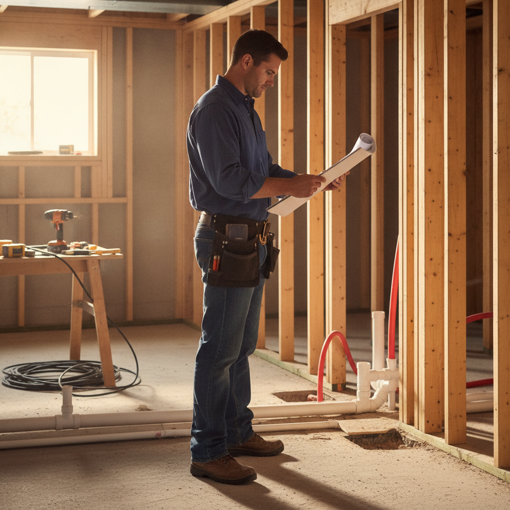 Contractor reviewing basement floor plans during a Brampton, ON basement renovation, showing framed walls and rough-ins coordinated by a general contractor