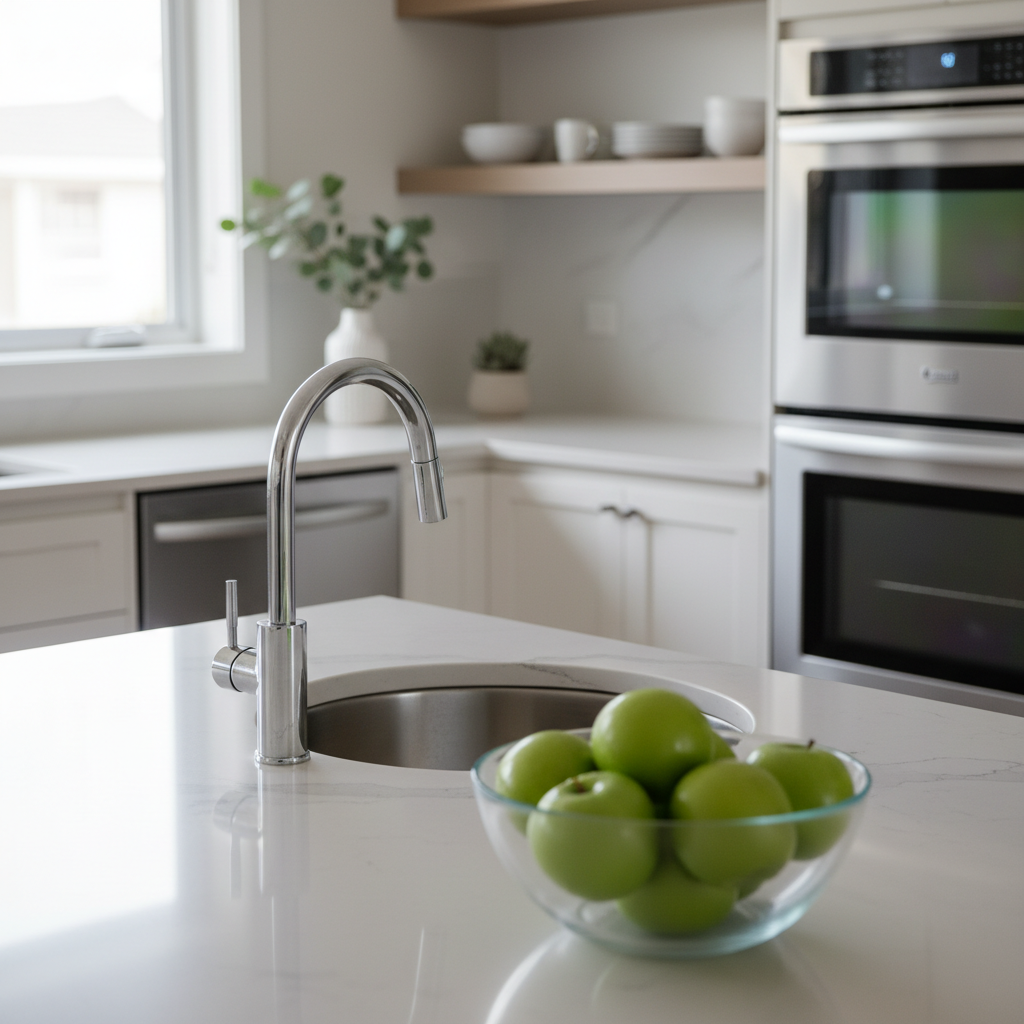 Staged kitchen interior used in residential real estate listings in Cambridge Ontario, featuring quartz countertops and stainless steel appliances