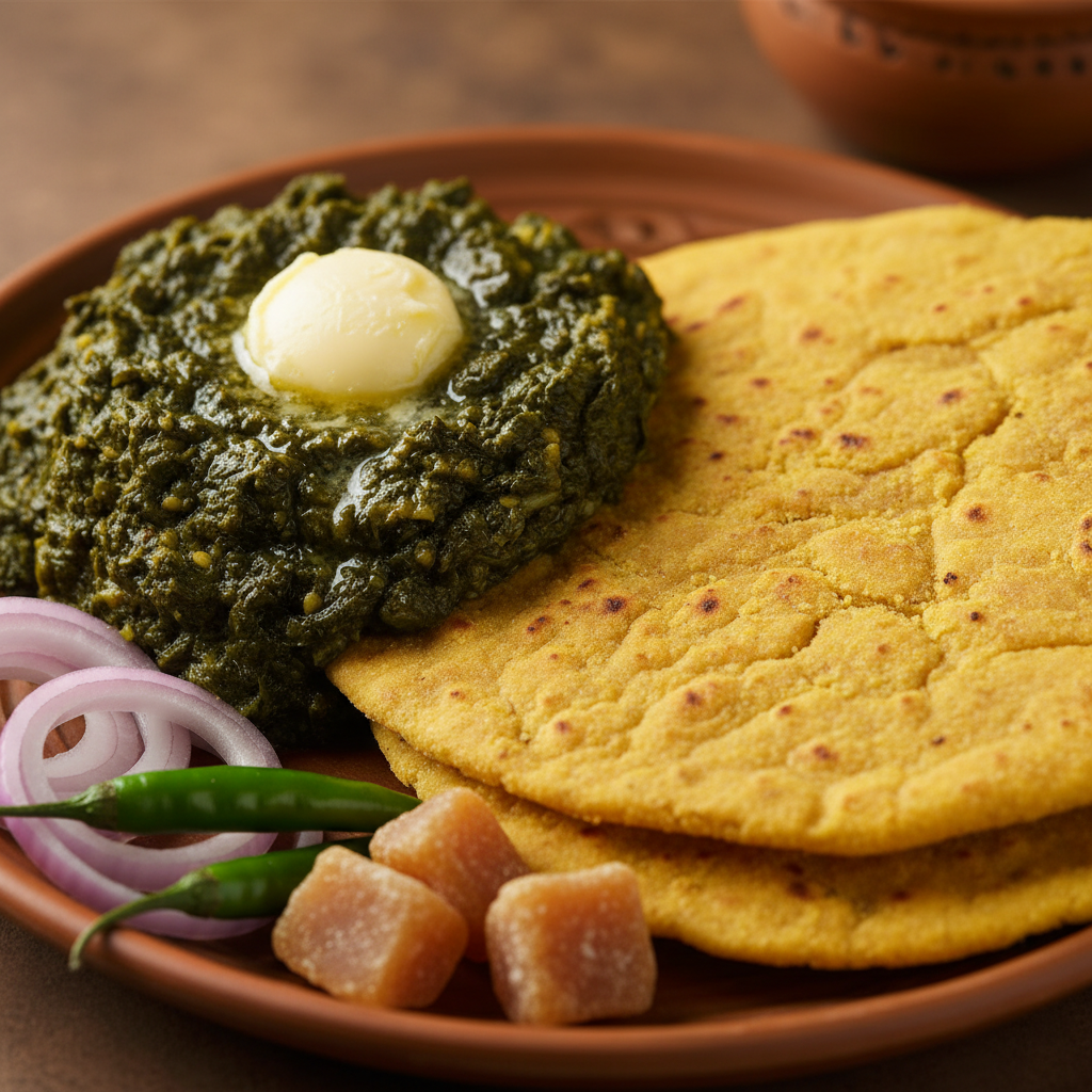 Close-up of makki di roti with sarson da saag as part of a Punjabi thali in Brampton