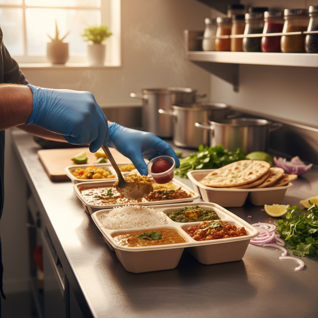 Punjabi thali being packed for takeout in eco-friendly containers at a Brampton Indian sweets shop