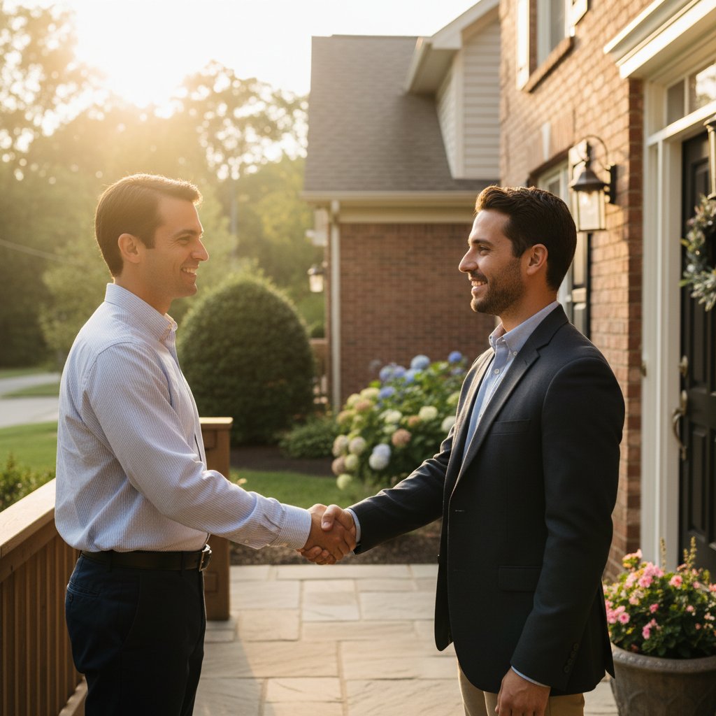 Buyer and seller shaking hands on a front porch after signing a home purchase and sale contract template