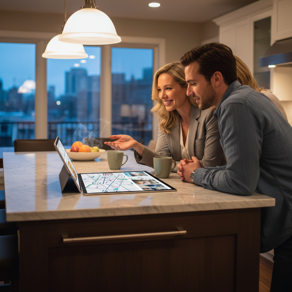 Surrey real estate agent reviewing listing alerts with clients at a kitchen island, demonstrating a practical buying workflow