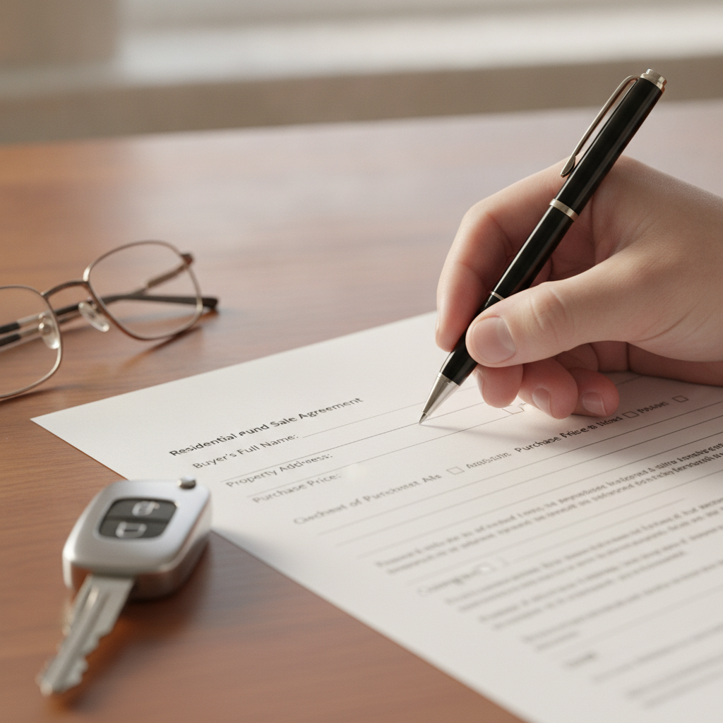 Close-up of a seller filling a purchase and sale contract template for a home transaction, pen on paper with keys nearby