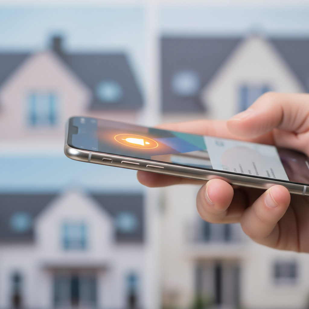 Close-up of a smartphone showing a new Surrey listing alert notification, illustrating Surrey listing notification tips for faster home search