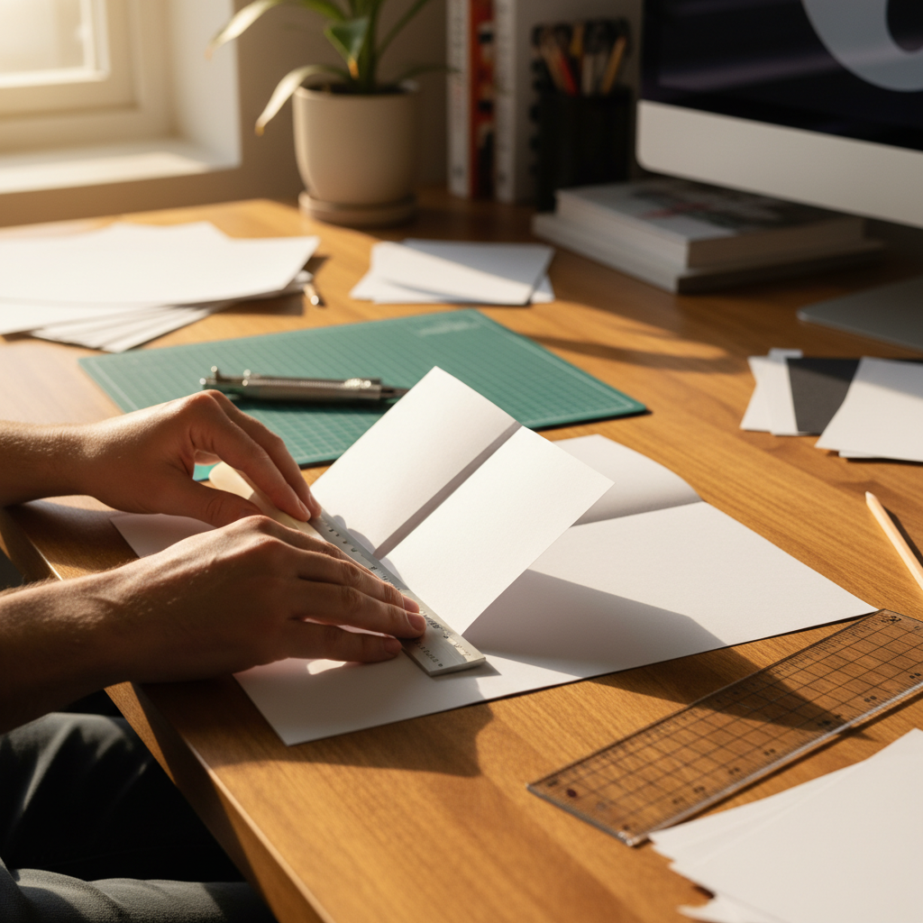 Designer aligning and folding brochure mockups using a bone folder and metal ruler for precise finishing