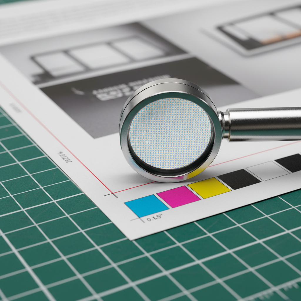 Brochure printing setup macro detail with 0.125 inch bleed, crop marks, CMYK swatches, and loupe for press-ready file checks